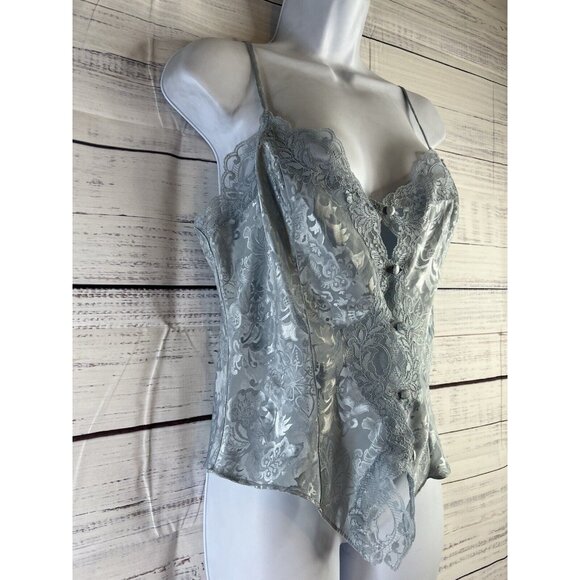 Victoria's Secret Gold Label Vintage Medium Blue Satin Button Lace Camisole Y2K - Picture 2 of 10